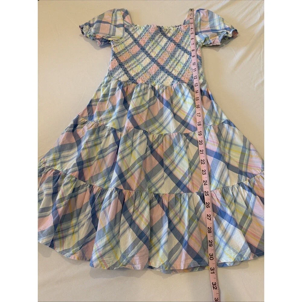 Gymboree Pastel Plaid Smocked Dress Girls Sz 12 100% Cotton Pink Blue Preppy EUC